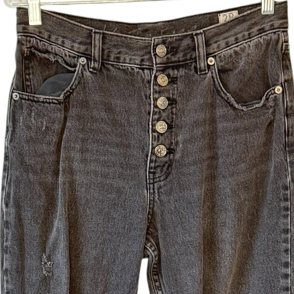 Free People Button Fly Blossom Rigid Skinny High Rise Black Distressed Size 28
